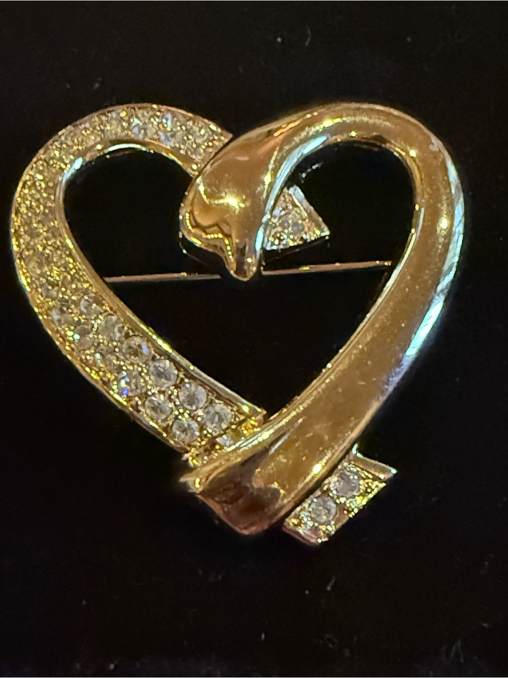 Vintage Swarovski Swan Signed Pave Crystal Gold Plated Heart Brooch Pin